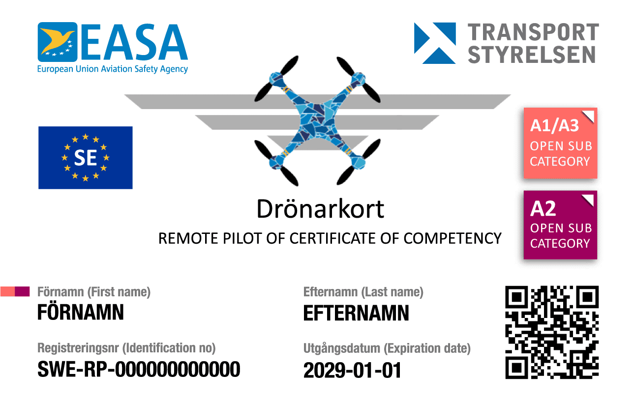 Drönarkort med märkningen A1/A3 och A2 Open Sub Category, Remote Pilot Certificate of Competency