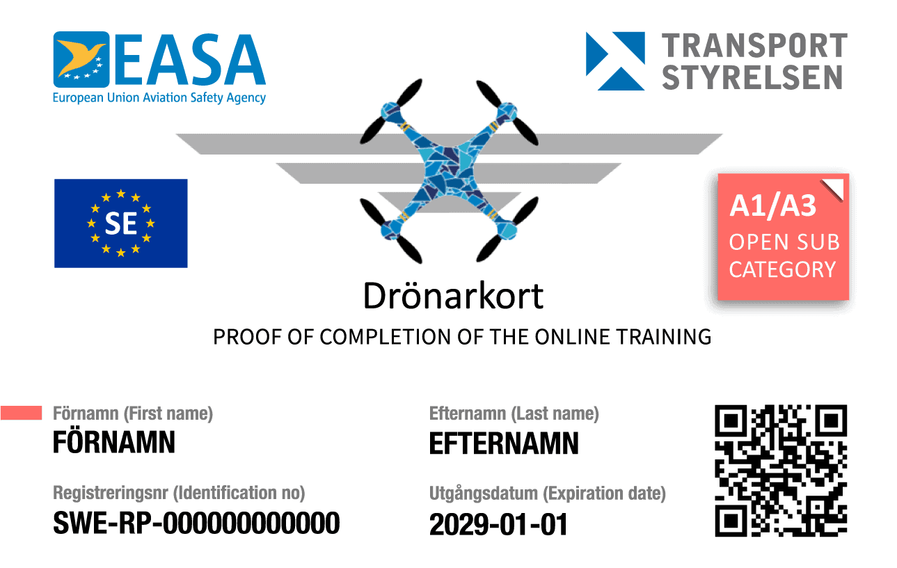 Drönarkort med märkningen A1/A3 Open Sub Category, EASA- och Transportstyrelsen-logotyp samt QR-kod